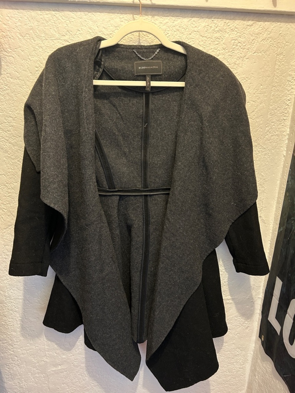 BCBGMaxAzria Dark Gray & Black Open Front Draped Cardigan